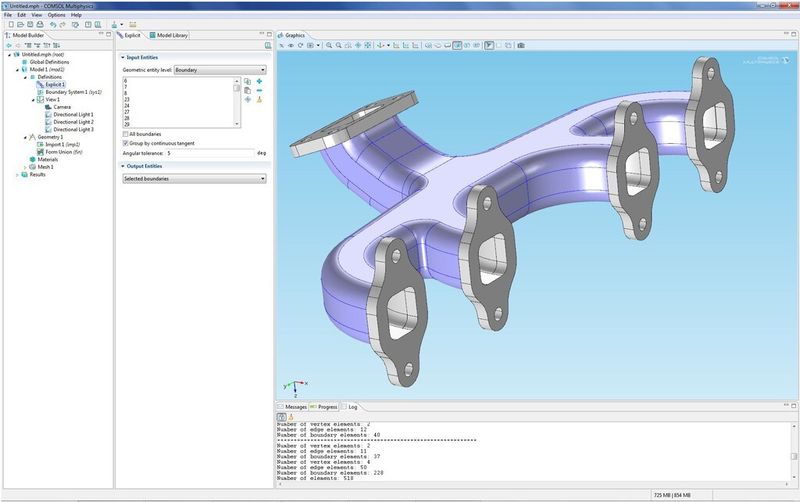 In Comsol Version 4.3a ist die Auswahl der Randflächen in Geometriemodellen wie diesem Abgaskrümmer durch das neue Auswahlwerkzeug sehr einfach. (Bild: Comsol Multiphysics)