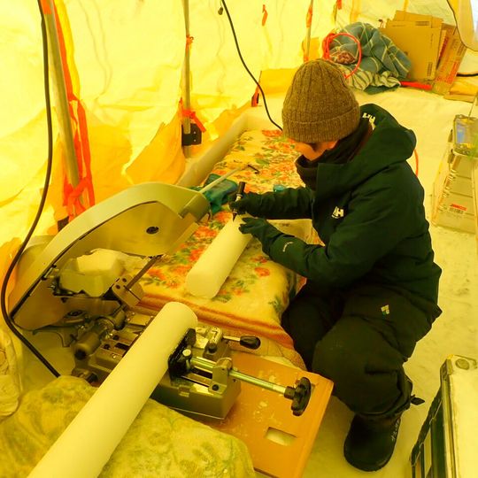 Processing the ice core used in the study in Greenland, shortly after its collection Processing the ice core used in the study in Greenland, shortly after its collection