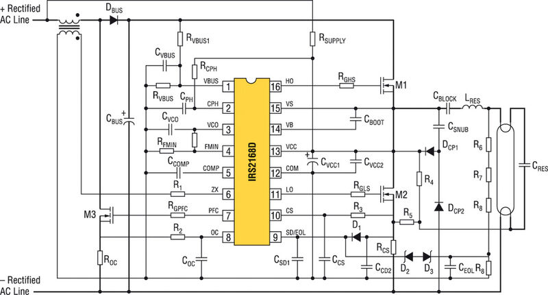 Bild 4: Design-Beispiel einer typischen Vorschaltgeräteapplikation für Leuchtstofflampen mit dem Baustein IRS2168D (Archiv: Vogel Business Media)