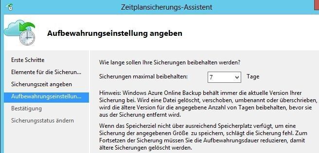 Windows Azure Online Backup ist direkt in die Windows-Datensicherung von Windows Server 2012 integriert und lässt sich getrennt von einer lokalen Sicherung aktivieren und einstellen. Damit Administratoren Daten auf Servern mit Windows Server 2012 online sichern können, benötigen sie noch zusätzlich einen speziellen Agenten ( http://www.windowsazure.com/de-de/home/features/online-backup ) (Bild: Microsoft)