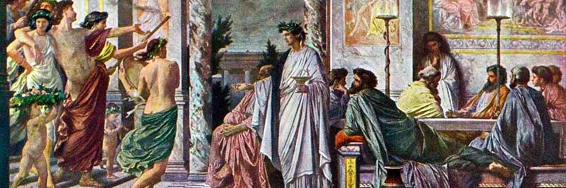 Nomen est omen? „Anthos“ (Blume) ist ein Stück des athenischen Dramatikers Agathon aus dem 5. Jahrhundert v. Chr. Das Stück ist verloren gegangen. Anselm Feuerbach stellt hier eine Szene aus Platons Symposium dar, in der der Tragiker Agathon den betrunkenen Alcibiades in seinem Haus empfängt. Nomen est omen? „Anthos“ (Blume) ist ein Stück des athenischen Dramatikers Agathon aus dem 5. Jahrhundert v. Chr. Das Stück ist verloren gegangen. Anselm Feuerbach stellt hier eine Szene aus Platons Symposium dar, in der der Tragiker Agathon den betrunkenen Alcibiades in seinem Haus empfängt.