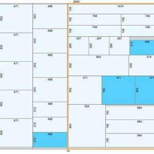 AutoPanelSizer nutzt in diesem Schnittplan optionale Teile (dunkelblau) und drei Schnittebenen plus Kopfschnitt (Hauptplan orange).(Bild:  Fraunhofer SCAI)