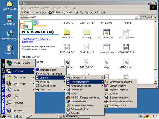 Die GUI sowie das Design der Icons orientierte sich bei Windows Me stark an der NT-Familie, speziell an Windows 2000. (Screenshot/Microsoft)