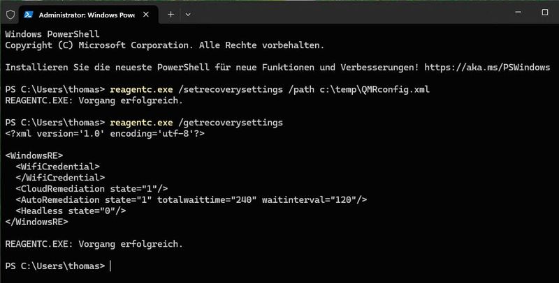 Über „reagentc.exe /setrecoverysettings“ liest Windows eine XML-Datei ein, die WLAN-Zugangsdaten sowie die Parameter für die automatische Wiederherstellung und die Wartezeiten enthält. (Bild: Joos | Microsoft)