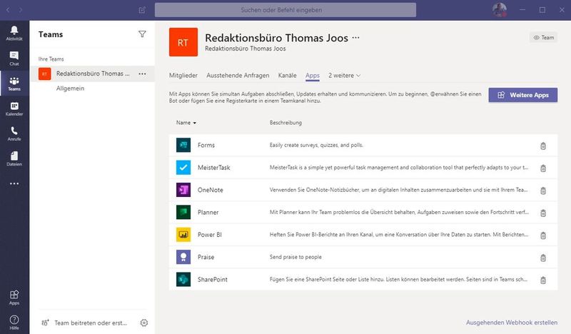 Zu Teams lassen sich auch zusätzliche Apps hinzufügen. Diese erweitern die Funktionen deutlich. (Bild: Joos / Microsoft)