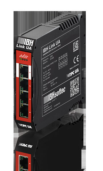 Der IBH Link UA ist eine OPC UA Server/Client Baugruppe mit Firewall für die Simatic S5, S7-300, S7-400, S7-1200, S7-1500 Steuerungen. Das kompakte Gerät zur Hutschienenmontage besitzt vier Ethernet-Ports und eine 24V-Stromversorgung. (Bild: IBH Softec)