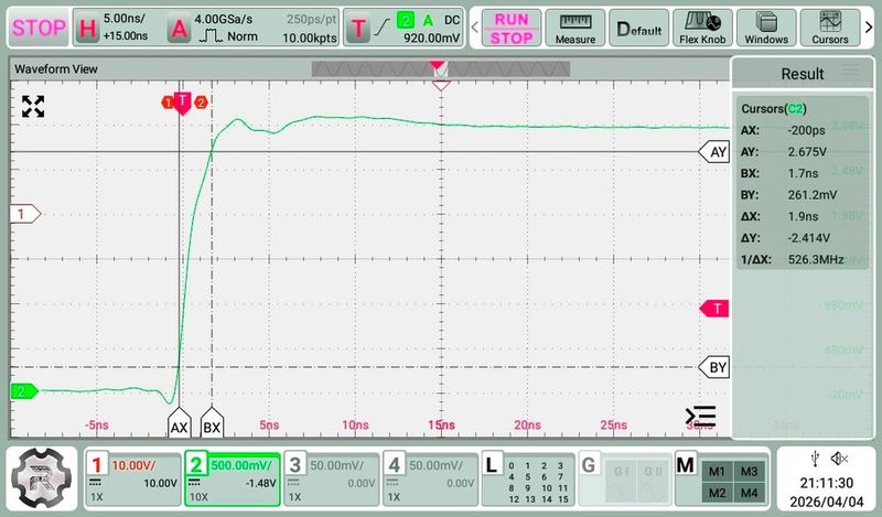 Bild 5: Signalanstiegszeit, abgetastet durch 10:1-Oszilloskoptastkopf mit 150 MHz Bandbreite. (Bild: Elektronikmanufaktur Mahlsdorf)