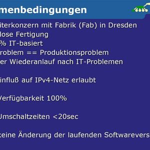 Das Ziel des IPv6-Projekt bei Qimonda bestand darin, das Netzwerk IPv6-ready zu bekommen, inklusive  DHCP/DNS. Die Anwendungen oder die Server sollten unangetastet bleiben. Zudem durfte der laufende Betrieb keinesfalls gestört werden. Den kompletten Foliensatz gib es am Ende des Artikels zum Download (PDF) oder zum schnellen Durchklicken in der Bildergalerie.