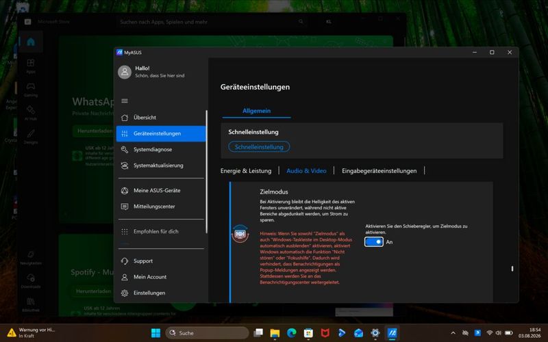 Die Zielmodus-Funktion in der MyAsus-App dunkelt die nicht aktiven Bereiche des Bildschims ab, während das aktive Fenster mit der normalen Helligkeit angezeigt wird. Das spart Strom und verlängert die Akkulaufzeit. (Bild: Vogel IT-Medien)