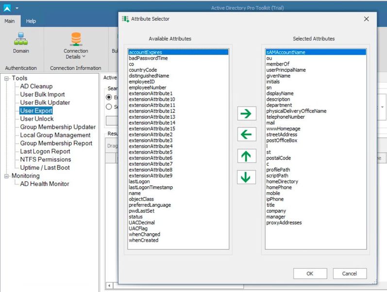 Das AD User Export Tool ermöglicht die Auswahl und Sortierung von Attributen zum Export. Alles wird in der GUI gesteuert. (Bild: Joos / Active Directory Pro)