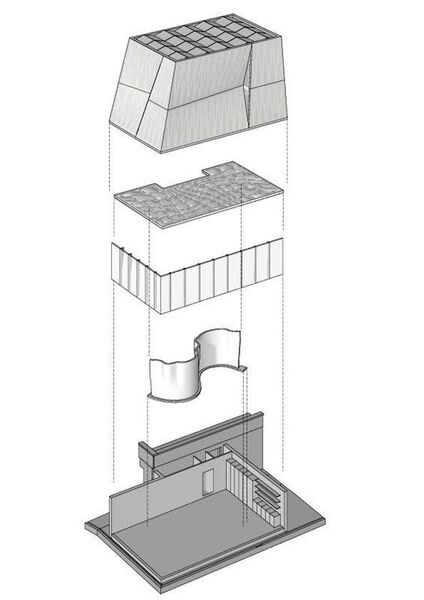 Auseinandergezogene axonometrische Darstellung des DFAB House. Gleich vier verschiedene Bauverfahren setzen die Forscher für das Projekt erstmals gemeinsam in der Praxis ein. (NCCR Digital Fabrication, 2017)