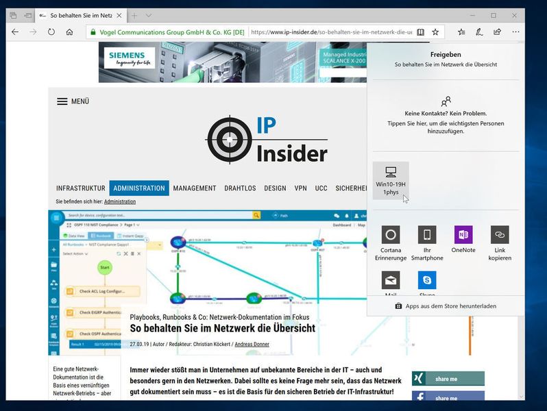 NearShare IP-Insider: Das Freigeben im Edge-Browser: So ist es in Zusammenarbeit mit der Funktion „Gemeinsame Nutzung“ möglich, eine Link beziehungsweise direkt die Webseite mit einem anderen Nutzer zu teilen. (Schlede/Bär / Microsoft)
