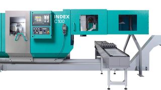 Bild 1: Produktionsdrehautomat Index C100 mit integrierter Werkstückhandhabung WHU; bis zu zwei Palettenstationen und eine separate Messstation laut Index können nebeneinander platziert werden. Bilder: Index (Archiv: Vogel Business Media)