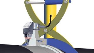 Der Laserschweißkopf beim Vietz Pipeline Laser (VPL) ist an einen Spannring aus Aluminium montiert. Dieser wird automatisch und millimetergenau um das Rohr gespannt.  Bild: Vietz (Archiv: Vogel Business Media)