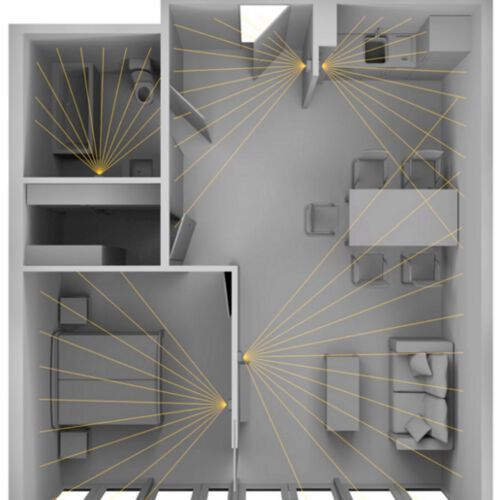 Exemplary apartment, highlighting the sensor system used in different rooms. Exemplary apartment, highlighting the sensor system used in different rooms.