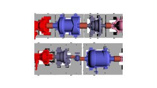 Mehr Effizienz, mehr Modularität und eine deutlich geringere Baugröße: Das Namax-Konzept (oben) im Vergleich zum bisherigen MAN-Konzept. Komplettansicht siehe Bildergalerie. (MAN Diesel & Turbo)