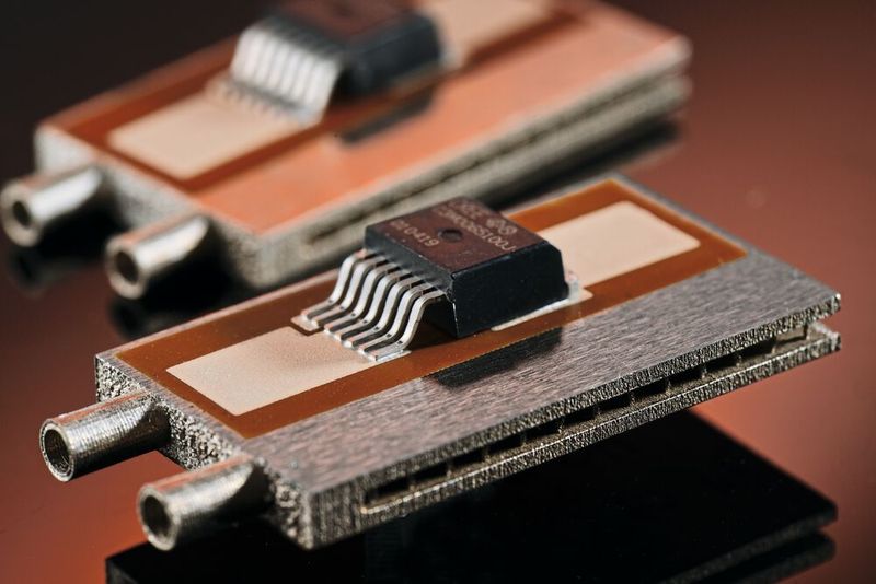Diese Orklas-Elektronikkomponente sitzt auf einem 3D-lasergedruckten Mikrokühler. So konnte das Gewicht von 11 auf 0,6 kg drastisch gesenkt werden. (Bild: Fraunhofer-ILT)