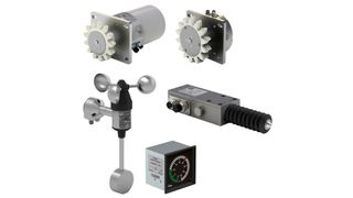FSG-Sensoren für den Einsatz in Krananlagen: Drehkranzgeber (oben), Lineargeber (Mitte rechts), Anemometer und Anzeigegerät (unten) (Bild: FSG)