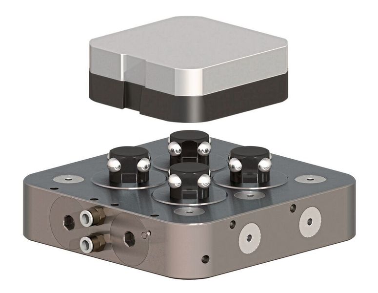 Für die Nullpunktspannung im BAZ oder auf einer Messmaschine etc. bietet pL Lehmann die auf dem Ball-Lock-System beruhenden Spannfutter Quattro (im Bild) und Uno an. (pL Lehmann)