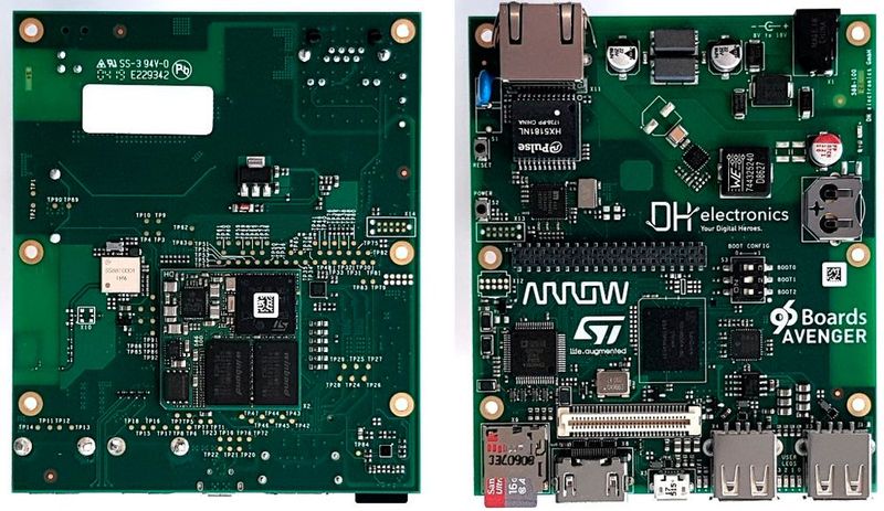 Der STM32MP157 ist ein hochintegriertes, marktübergreifendes System-on-Chip-System entwickelt, um sichere und platzsparende Anwendungen im Internet der Dinge zu ermöglichen. Das Avenger96-Board verfügt über Dual Arm® Cortex®-A7 Kerne und einen Arm® Cortex®-M4 Kern. In zusätzlich ein umfangreiches Set an Schnittstellen unterstützt auch die drahtlose Kommunikation via WLAN und BLE (Bild: DH electronics)
