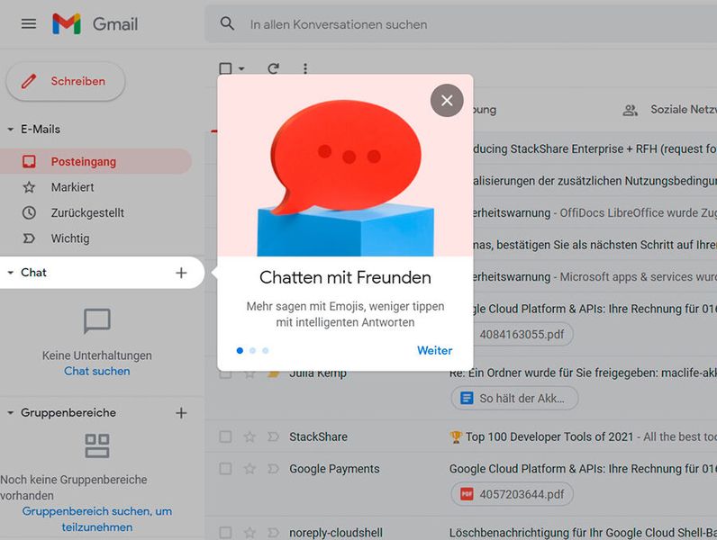 Google Chat lässt sich direkt in Gmail integrieren, ohne dass ein Wechsel der Anwendung notwendig ist. (Bild: Joos)