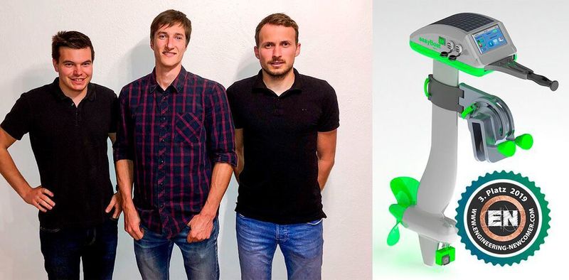 Platz 3: Matthias Hengge, Gabriel Eugler und Alexander Stoll von der Technikerschule Allgäu Kempten haben einen innovativen Bootsmotor mit ansprechendem Design zu entwickeln – den „easyBoat“. Dieser strömungsoptimierte Bootsantrieb kann für viele verschiedene Bootstypen genutzt werden. (Cadenas)