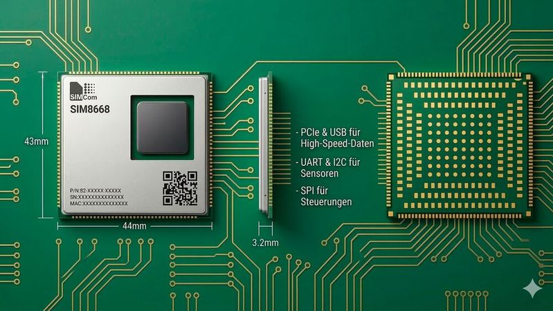 Kompakte KI-Power: Die Smart-Module SIM8668 und SIM8666 von Simcom vereinen auf kleinstem Raum eine Quad-Core-CPU samt integrierter NPU für ressourcenschonende Industrie- und Robotikanwendungen.(Bild:  Chip: Simcom/Hintergrund: KI-generiert)