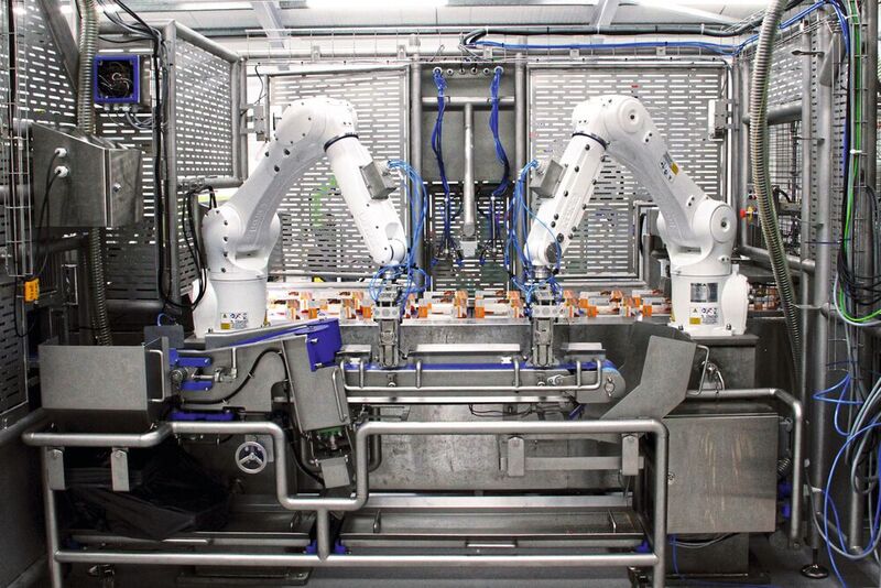 Die beiden Kuka-Roboter verpacken 50 bis 60 Sandwiches pro Minute. Ihre robuste Bauweise sorgt für maximale Wiederholgenauigkeit und kontinuierliche Präzision. (Bild: Kuka)