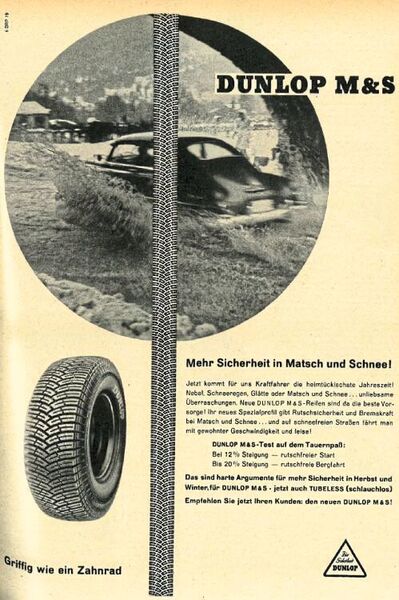 Denn bereits vor mehr als 60 Jahren hatte Dunlop einen Winterreifen im Angebot, dessen Profil beinah wie eine Vorlage für Michelins aktuellen Ganzjahresreifen aussieht. (Dunlop)