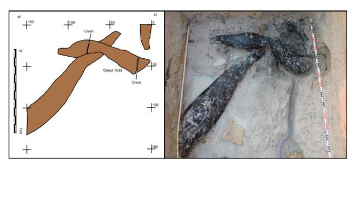 The wooden structure, showing where Stone Age Humans have cut into the wood (Source: Professor Larry Barham, University of Liverpool)
