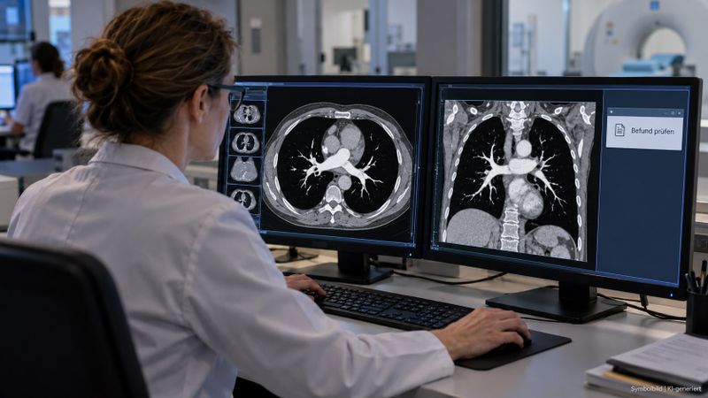 Triage-Software rückt verdächtige CT-Untersuchungen in der Arbeitsliste nach vorn. Die Diagnose stellen Radiologen anhand der Originalbilder.(Bild:  Redaktion Devicemed; KI-generiertes Symbolbild)