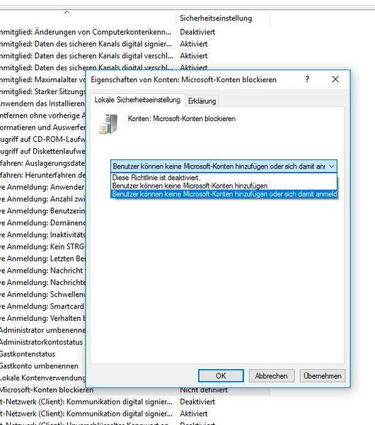Administratoren können über die Richtlinie „Konten: Microsoft-Konten blockieren“ festlegen, dass sich Benutzer nur mit bereits vorhandenen Microsoft-Konten an Windows anmelden dürfen („Benutzerkönnen keine Microsoft-Konten hinzufügen“), oder gar keine Anmeldung mit Microsoft-Konten erlaubt ist („Benutzer können keine Microsoft-Konten hinzufügen oder sich damit anmelden“). (Thomas Joos)