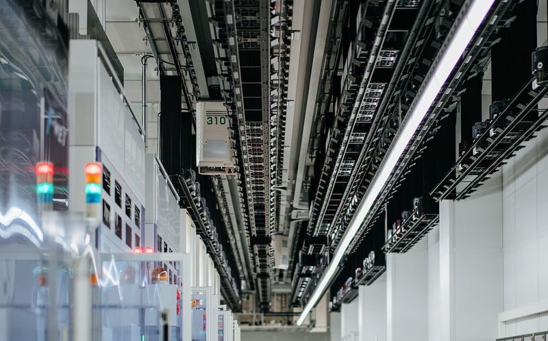 Transportsysteme an der Reinraumdecke transportieren die Wafer-Behälter von Prozesschritt zu Prozessschritt. Ein Wafer ist bis zu drei Monate in der Produktion unterwegs, bis er fertig ist. (Bild: Infineon Technologies)