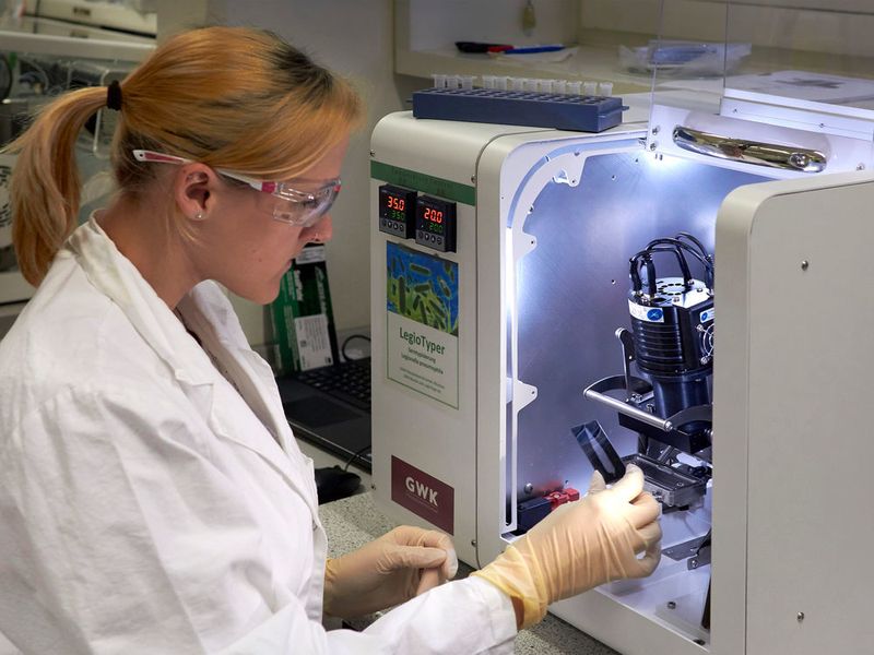 Erstautorin Catharina Kober mit dem Legiotyper-Chip  (Jonas Bemetz / TUM)
