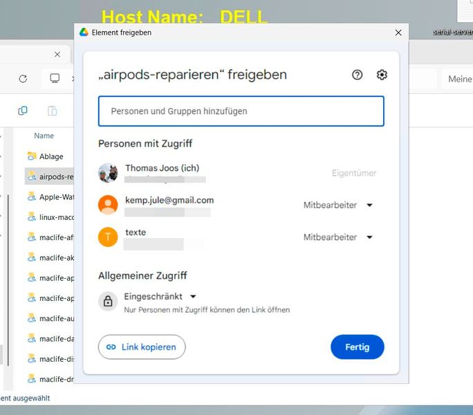 Über das Kontextmenü des virtuellen Laufwerks in Google Drive lassen sich einzelne Dateien und Ordner freigeben. (Bild: Joos – Google)