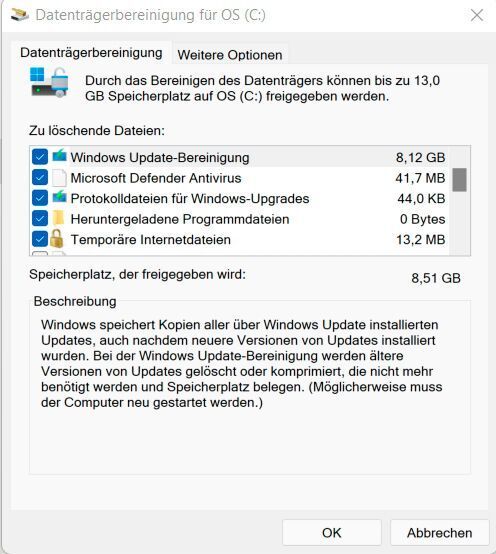 Nach der Auswahl der zu löschenden Dateien zeigt Cleanmgr den erreichbaren freien Speicherplatz an. (Joos/Microsoft (Screenshot))