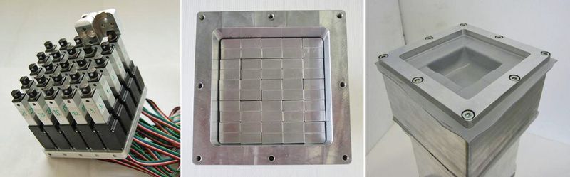 Bild 2: Prototyp eines formatflexiblen Thermoformwerkzeugs für Kunststofffolien. 25 Einzelaktuatoren (linkes Bild) liegen unter einer Silikonhaut und können einzeln angesteuert werden, um die Kavität den Erfordernissen anzupassen. (Bild: IWU)