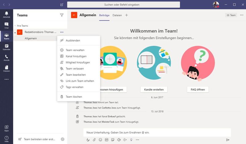 Über das Kontextmenü im Desktop-Client lassen sich Teams erstellen, verwalten und Kanäle hinzufügen. Auch für Kanäle stehen die Verwaltungsoptionen zur Verfügung. (Bild: Joos / Microsoft)