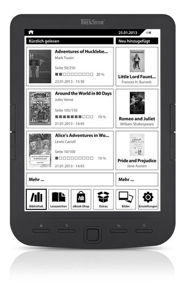 Der TrekStor eBook Reader Pyrus maxi bietet mit seinem 8-Zoll-Display großflächigen Lesespaß. Der Pyrus ist mit Digital Ink Display ausgestattet und garantiert flimmerfreies Lesen aller gängigen eBook-Formate.  Das Gerät verfügt über vier Gigabyte internen Speicher, das entspricht ungefähr 4.000 eBooks. Die Speicherkapazität lässt sich zudem via microSD-/microSDHC-Kartenleser erweitern. Neben dem Kartenslot befindet sich eine Micro-USB 2.0 Buchse als Schnittstelle am Gerät. Neben den herkömmlichen eBook-Formaten wie ePUB und PDF inklusive Adobe DRM, FB2, HTML, PDB, RTF sowie TXT zeigt das elektronische Lesegerät auch die gängigen Bildformate JPEG, PNG, GIF und BMP an. Er ist ab Juni zu einer unverbindlichen Preisempfehlung von 149 EUR im Handel. (Konstant PR)