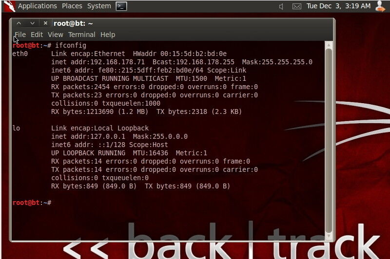 Um das Netzwerk mit BackTrack-Tools wie OpenVAS zu scannen, muss das Linux-System die Netzwerkkarte des Rechners erkannt haben und eine IP-Adresse zugewiesen sein. Diese bezieht BackTrack über DHCP. Rufen Sie ein Konsolenfenster auf und geben Sie „ifconfig“ ein, um die Adresse zu sehen. (Archiv)
