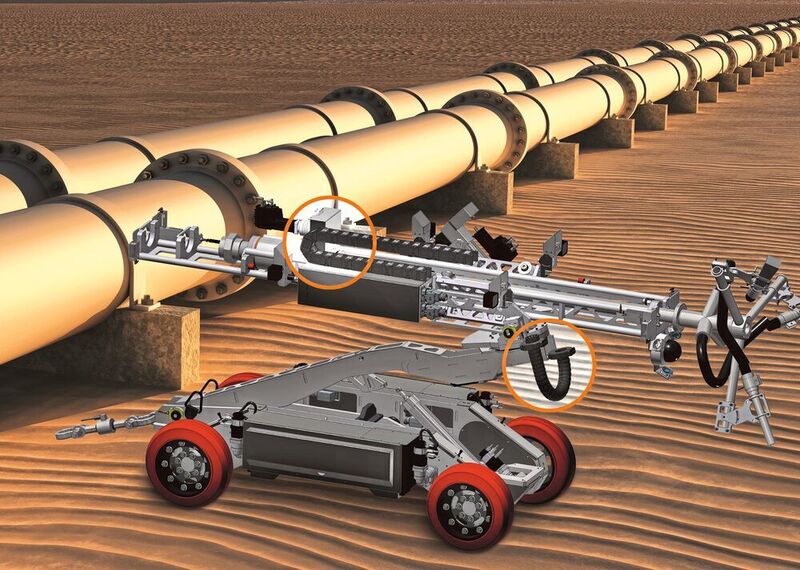Der Crawler übernimmt wichtige Wartungsaufgaben in Pipelines. e-ketten von igus schützen dabei die verbauten Leitungen zuverlässig. (igus GmbH)