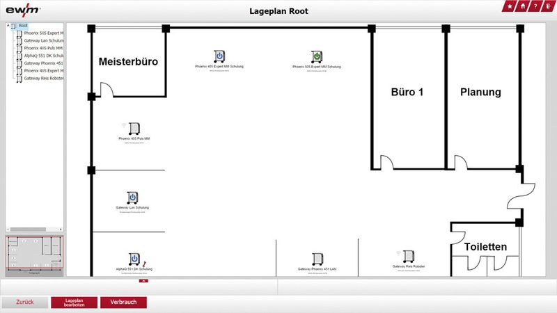 Häufig ist der Ort bekannt, an dem ein Schweißgerät steht, nicht aber unbedingt die genaue Bezeichnung. Auf dem hinterlegten Lageplan sind die relevanten Gerätedaten sowie der derzeitig Zustand eines jeden Gerätes ablesbar.  (EWM)