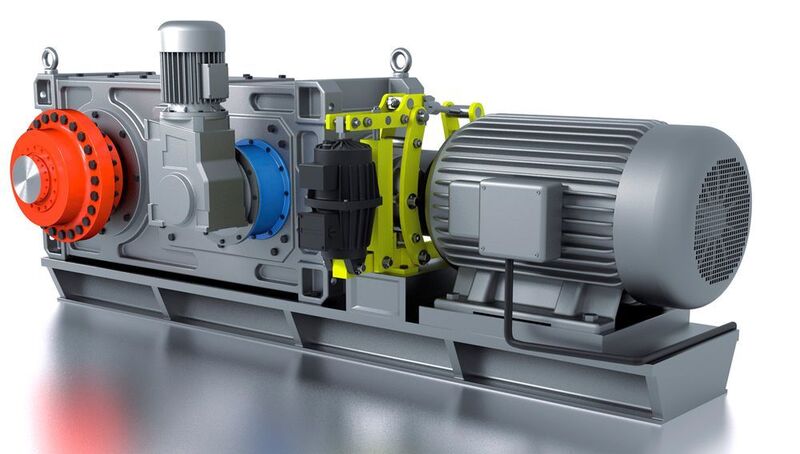 Mit der Komplettierung seines Industriebremsen-Programms will Ringspann seinem Ziel näher kommen, einen One-Stopp-Shop für die industrielle Antriebstechnik aufzubauen. Die Zeichnung zeigt ein Antriebssystem mit einer Flanschkupplung (rot), einem Freilauf (blau) und einer Trommelbremse (gelb) von Ringspann. (Ringspann)