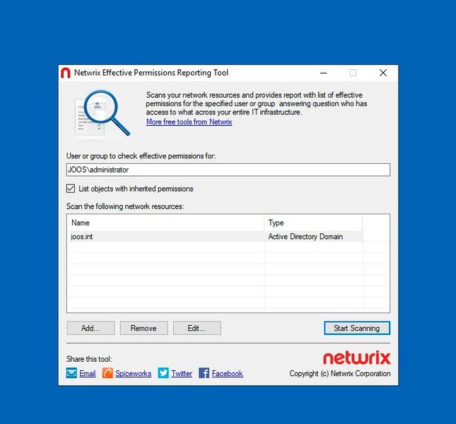 Das Netwrix Effective Permissions Reporting Tool kann ganze Active Directory-Gesamtstrukturen oder einzelne Verzeichnisse scannen und Berechtigungen anzeigen. (Bild: Netwrix / Joos)