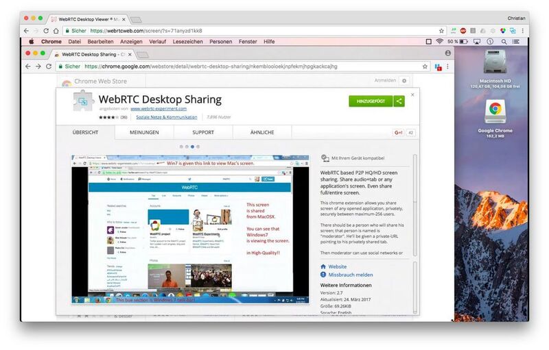 Mit WebRTC ist ein Screen-Sharing für Schulungen ist möglich – der Sender muss allerdings gegebenenfalls ein Plugin installieren. (Google Chrome Web Store)