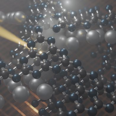 Three layers of a silver ion-doped polyheptazine imide polymeric network. In this example the metal ions are located between the layers, inducing lattice expansion and structural distortion. However, the polymeric backbone remains intact. Only the pore geometry changes. (Source: Dr. Bernd Schröder)