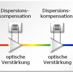 Abbildung 1: Latenzoptimierung in optischen Übertragungssystemen mithilfe von Dispersionskompensation, optischer Verstärkung und Wellenlängenumsetzung