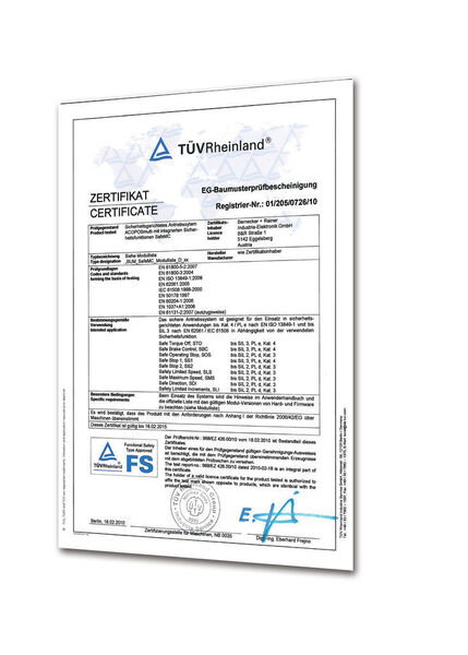 Im Februar 2010 erhielt B&R vom TÜV Rheinland die Zertifizierung des sicherheitsgerichteten Antriebssystems. (Archiv: Vogel Business Media)