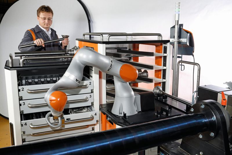 Mensch und Roboter an einem Arbeitsplatz ohne trennenden Schutzzaun: Der Leichtbauroboter LBR iiwa mit seiner integrierten Sensorik macht es möglich. (Bild: Kuka)