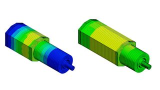 Wärmeentwicklung bei unterschiedlichen Antriebskonfigurationen: BG 75×25 und dreistufiges PLG 63 (links) und BG 75×75 und einstufiges PLG 63 (rechts). (Bild: Dunkermotoren)